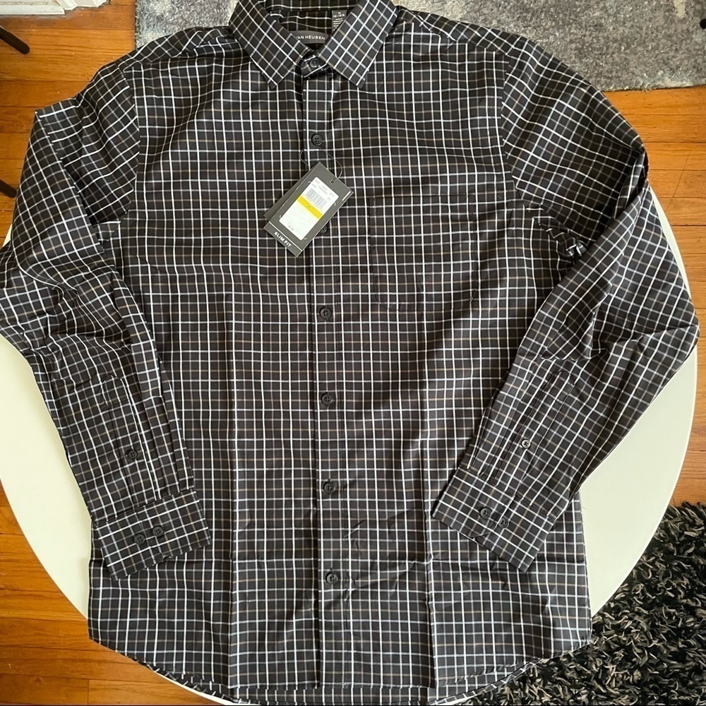 Van Heusen Slim Fit Wrinkle Free Long Sleeve Button Down Shirt Black Medium New